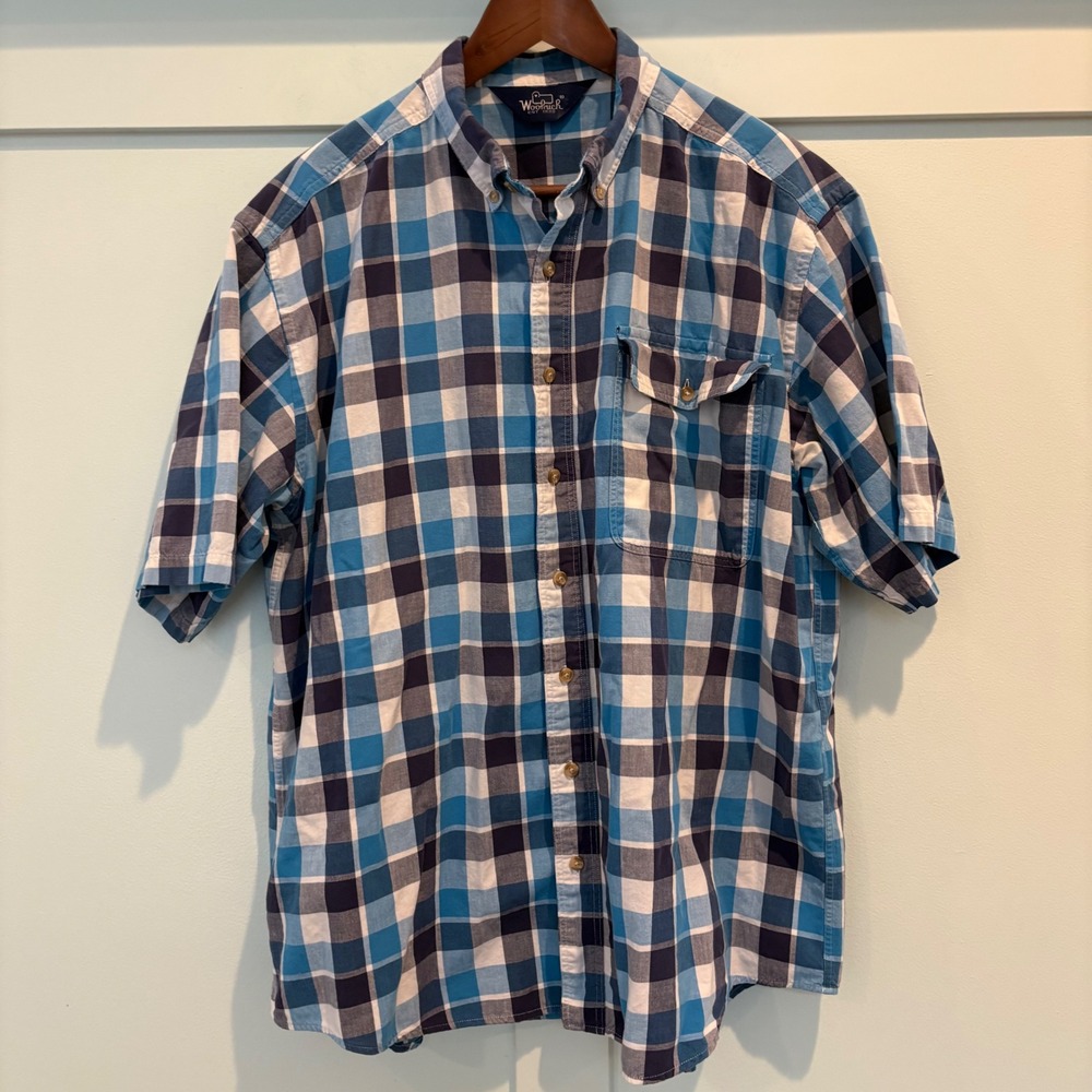 Woolrich Shirt Mens XL‎ Blue Plaid Short Sleeve Button Down Collar Pocket Casual